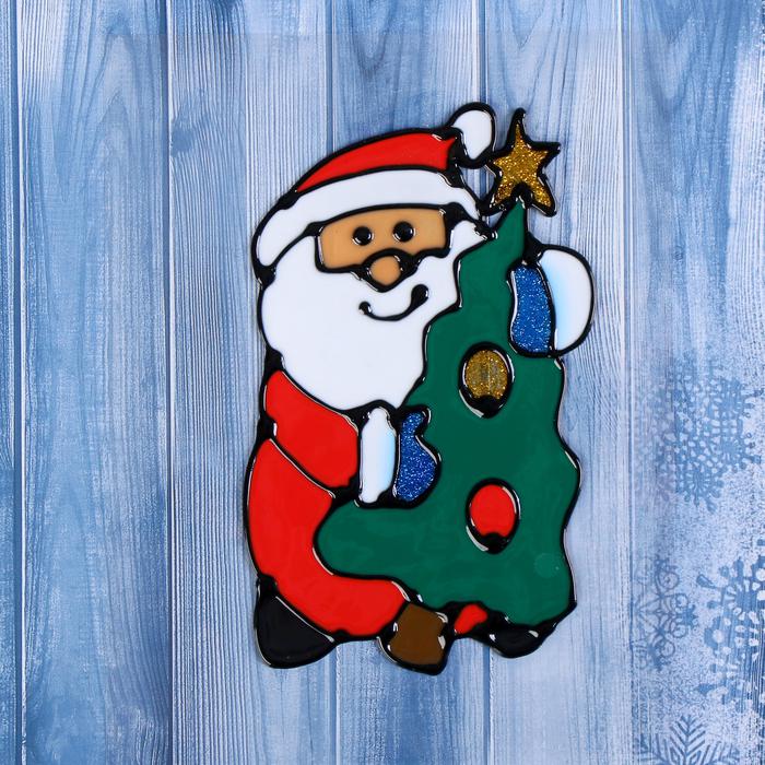 Наклейка на стекло Дед Мороз с ёлкой 9 х 14 см