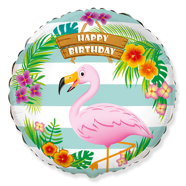 Воздушный шарик из фольги Круг С Днем Рождения Фламинго 18"/45см