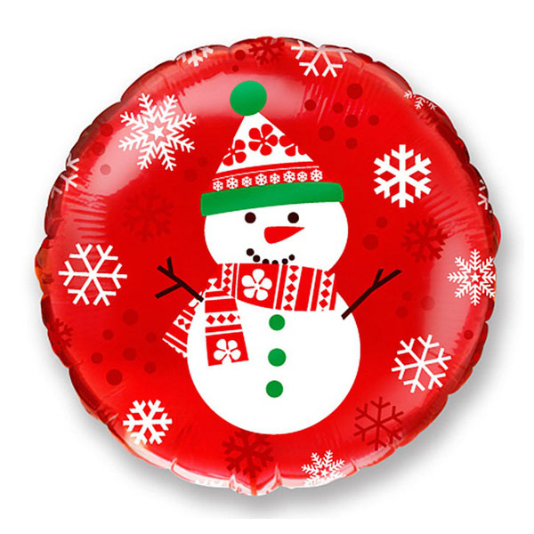 Воздушный шарик из фольги Круг Снеговик на красном фоне 18"/45см