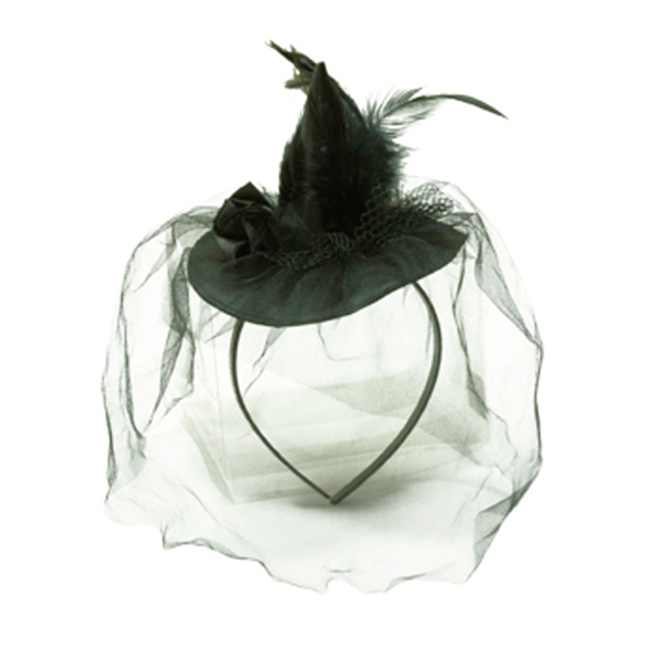 Карнавальная шляпка с вуалью на ободке черная