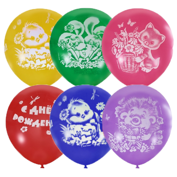 Воздушные шарики 12"/30см с 4ст. рис. (растр) Пастель и декоратор С Днем Рождения дизайны для детей 