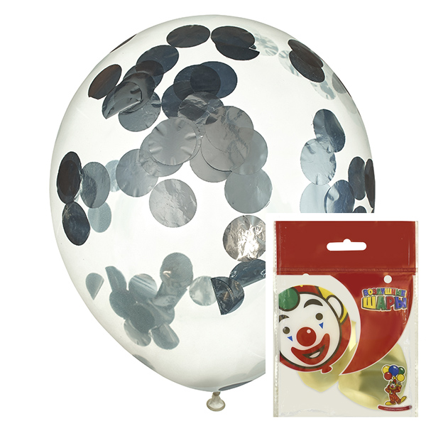 Воздушные шарики 12"/30см Прозрачные с конфетти круги фольга серебро
