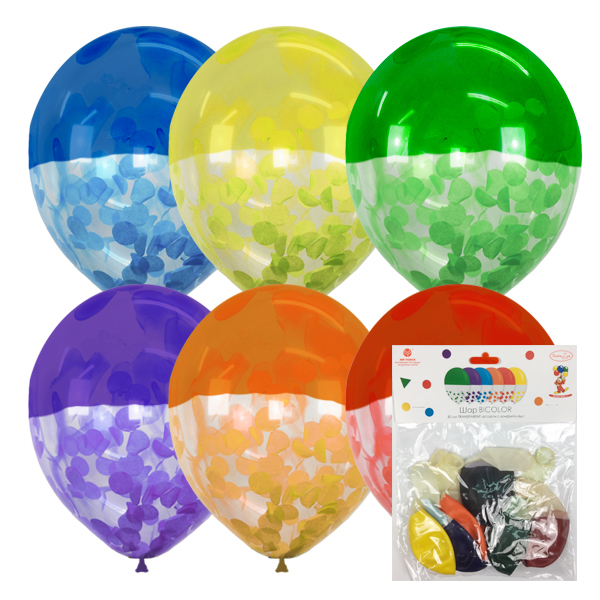 Воздушные шарики 12"/30см Bicolor TRANSPARENT ассорти c конфетти