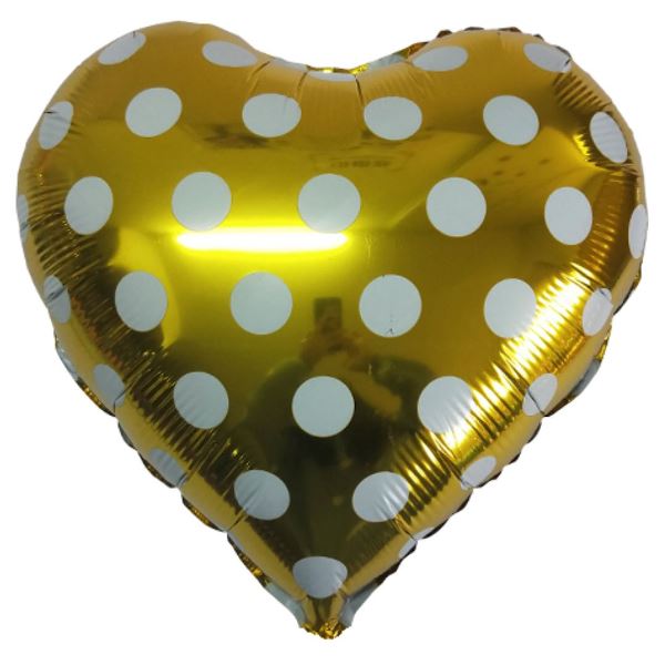 Воздушный шарик из фольги Сердце GOLD Горошек белый 18"/45см