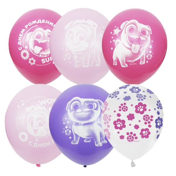 Воздушные шарики 12"/30см ассорти рис Дисней Мопсы для девочек С Днём Рождения