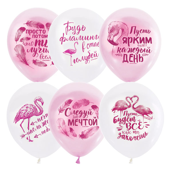 Воздушные шарики 12"/30см Пастель PINK&WHITE (растр) 2 ст. рис Фламинго Пожелания