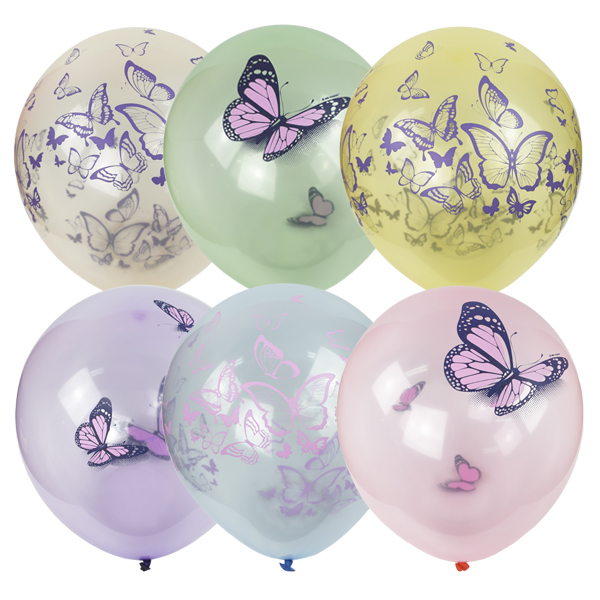 Воздушные шарики 12"/30см Кристалл Bubble ассорти рис Бабочки