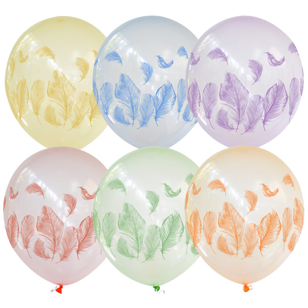 Воздушные шарики 12"/30см Кристалл Bubble ассорти рис Перья