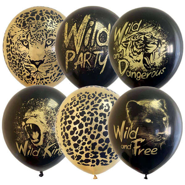 Воздушные шарики 12"/30см BLACK&GOLD ассорти рис Wild Party