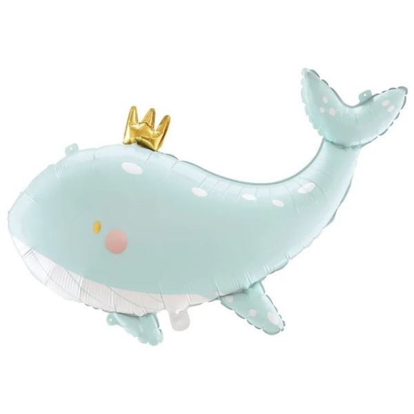 Фольгированный шар фигура Кит голубой с короной 35''/90см