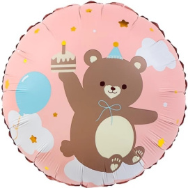 Фольгированный шар Круг Мишка с кексиком розовый 18"/45 см