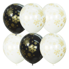 Воздушные шарики 12"/30см BLACK & WHITE & TRANSPARENT 5 ст. (шелк)  рис. Снежинки золотые