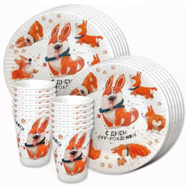 Набор одноразовой посуды Корги на 12 персон