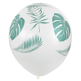 Воздушные шарики 12"/30см с 5 ст. рис Пастель WHITE (шелк) Листья Тропики