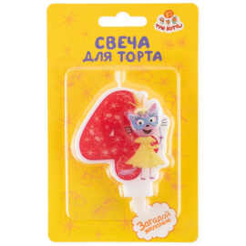 Свеча Цифра 4 Три кота Лапочка с держателем 6 х 6 + 1,5 см