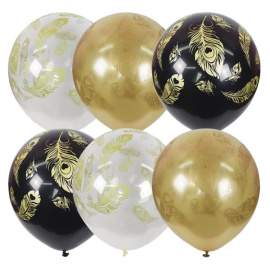 Воздушные шары 12"/30см BLACK&GOLD&TRANSPARENT рис. Перо Павлина